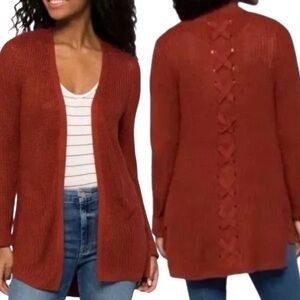 Pinque Jamelya Criss Cross Back Knit Cardigan Sweater in Artisan Rust NWT Small